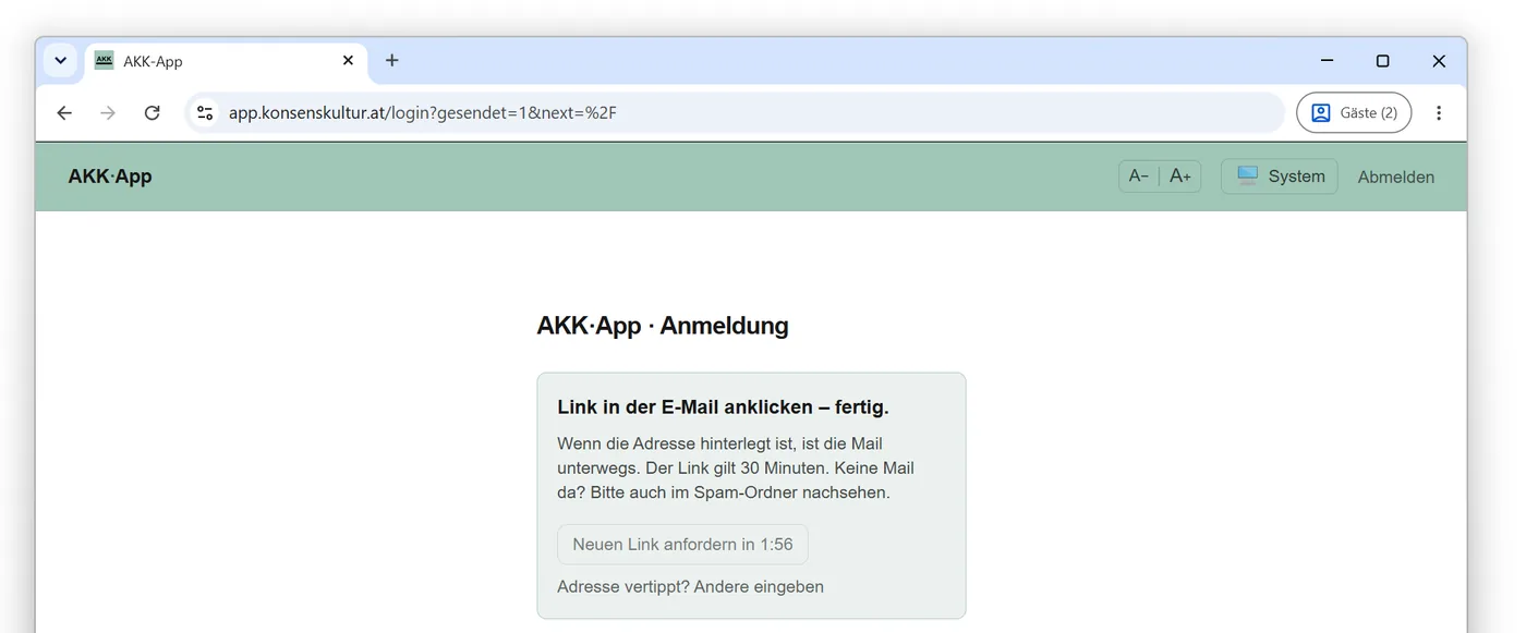 Hinweis nach dem Absenden: „Link in der E-Mail anklicken – fertig.“