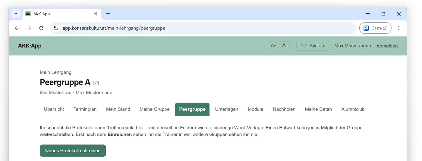 Die Seite der Peergruppe mit dem Knopf „Neues Protokoll schreiben“